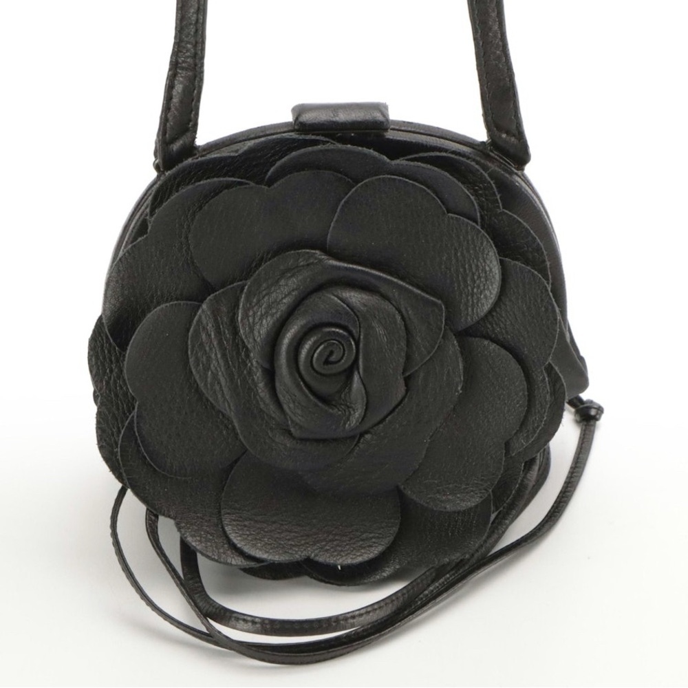 BOTTEGA VENETA Hinge Clasp Rose Evening Bag in Black Leather and Satin